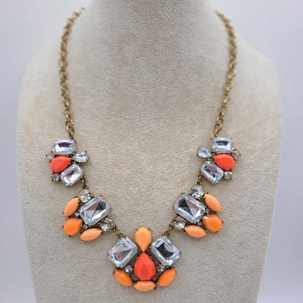 J Crew Large Clear Crystal and Orange Resin Statement Necklace